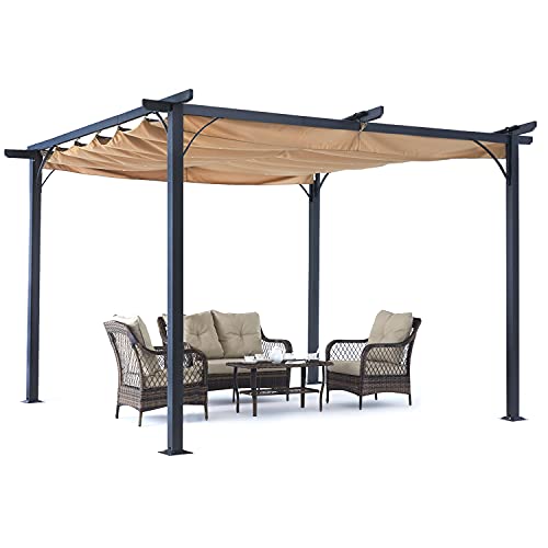 ABCCANOPY 3Mx3M Metal Patio Pergola, Sun Shade Shelter with Retractable Shade for Garden Porch Backyard, Khaki
