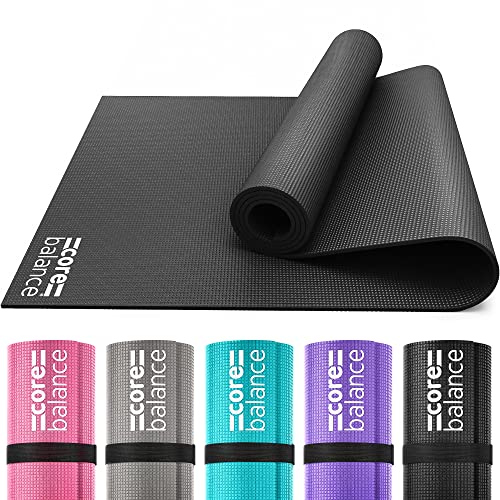 Core Balance Yoga Mat With Strap 6mm Thick Non Slip Foam For Home Exercise (Black)