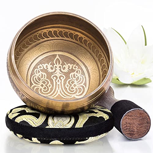 Tibetan Singing Bowl Set ~ Easy to Play with New Dual-End Striker & Cushion ~ Creates Beautiful Sound for Holistic Healing, Meditation & Relaxation ~ Peace Pattern ~ Gold Bowl with Black Pillow
