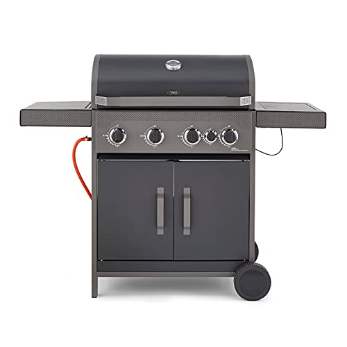Tower Stealth 4000 T978502 4 Burner Gas BBQ with Additional Side Burner, Side Table, Precision Thermometer, Cabinets and Rust Proof Design, Black