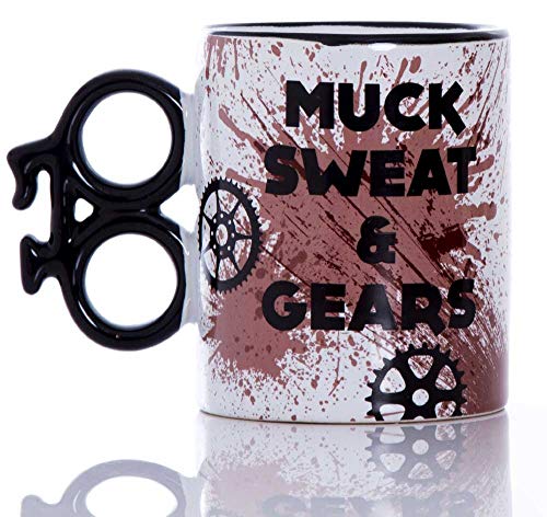 Boxer Gifts Muck Sweat and Gears Bike Mug | Novelty Cycling Gifts For Cyclists & Mountain Biking Presents For Men On Birthday and Christmas | Unique Bicycle Shaped Handle