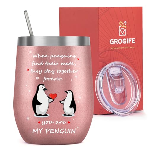 Christmas Secret Santa Gifts for Her, Cute Travel Mug, Romantic Anniversary Birthday I Love You Presents Ideas for Her Girlfriend Wife, Penguin Gifts for Her, Insulated Coffee Cup & Wine Tumbler 350ml