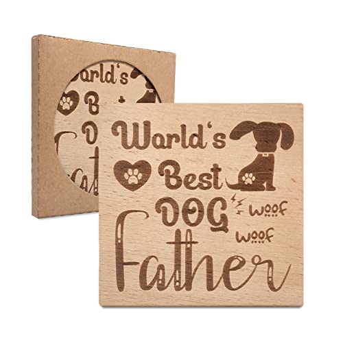 Dog Dad Gifts, Worlds Best Dog Dad Coasters, Dog Lover Owner Gifts for Men, Happy Fathers Day Coster Gifts from The Dogs, Wooden Coasters Present for Dog Dad Father Birthday Christmas (Dog Dad)