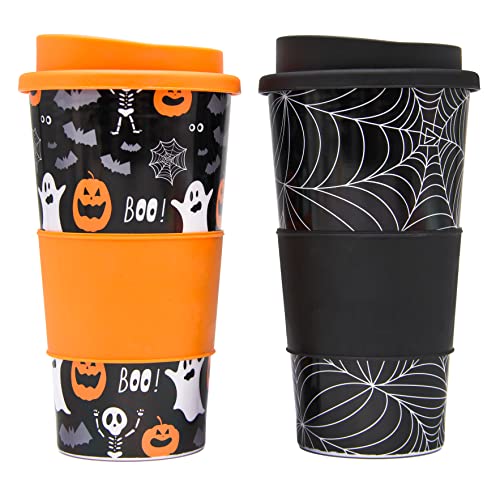 HiCollections Halloween Reusable Travel Mug for Adults and Kids - Spooky Spider Web - Ghost and Pumpkin Hot Coffee, Tea Cup with Heat Protective Sleeve 500ml - Pack of 2