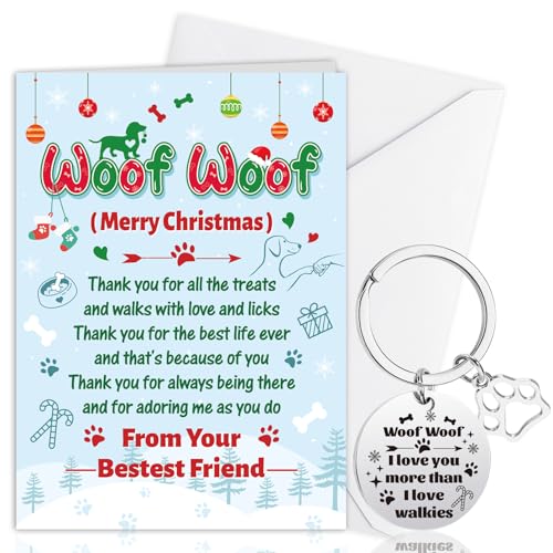 HOWAF Christmas Card From The Dog, Merry Christmas Card From Dog Xmas Card From The Dog Christmas Card Dog Dad Mum Keyring Engraved Gift From The Dog To Mum Dad & All Owners