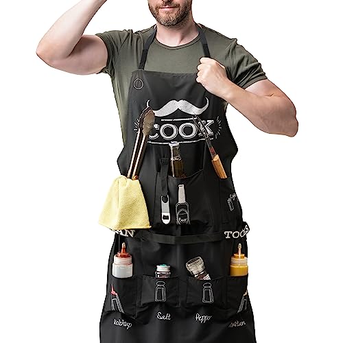 Men’s BBQ Chef Apron with Multi-Functional Pockets and Chef Hat