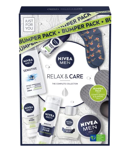 NIVEA MEN Relax & Care Gift Set (8 Pieces), Includes Shower Gel, Face Wash, Anti-Perspirant Roll-On, Moisturising Cream, Shaving Foam, Post Shave Balm, Slippers and Socks