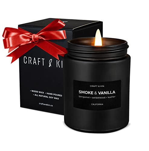 Scented Candles for Men | Smoke and Vanilla Candle for Men | Soy Candles, Long Lasting Candles, Home Decor | Masculine Candle, Wood Wicked Candles, Valentines Candles | Vanilla Candle in Black Jar